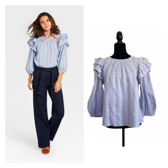 SOLD Universal Thread NWT Blue Ruffle Puff Sleeves Cotton Blouse Top S - Picture 10 of 11